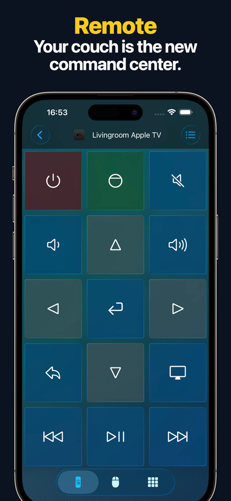 Remote, Mouse & Keyboard Pro - Pantalla del iPhone mostrando una interfaz de control remoto para un Apple TV con una cuadrícula de botones de navegación y control multimedia