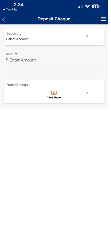 FirstOntario Mobile Banking - FirstOntario Mobile Banking app interface for depositing a cheque by taking a photo.
