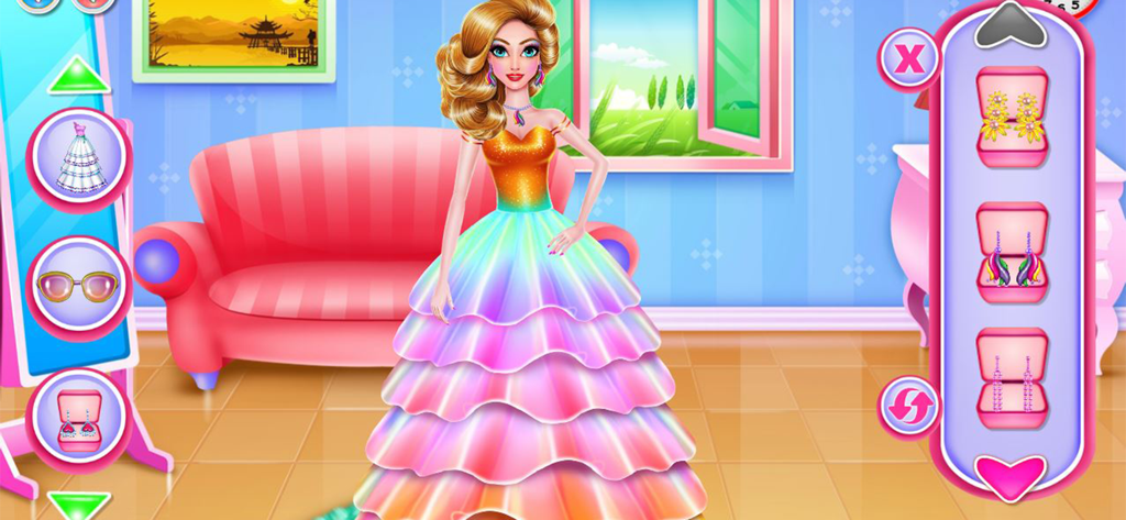 Juego de vestimenta de moda que muestra a una modelo con un vestido arcoíris escalonado y colorido con opciones de joyería