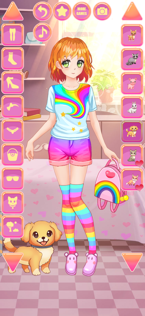 Anime girl character with orange hair and a rainbow outfit in a dress up game interface with a pet dog