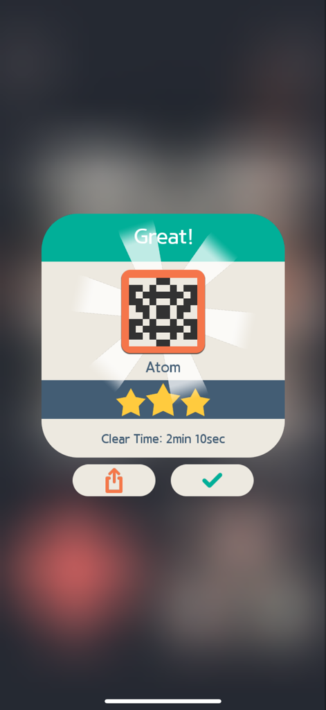 Puzzle pixel art di atomo completato nell'app No2g Nonogram con tre stelle.