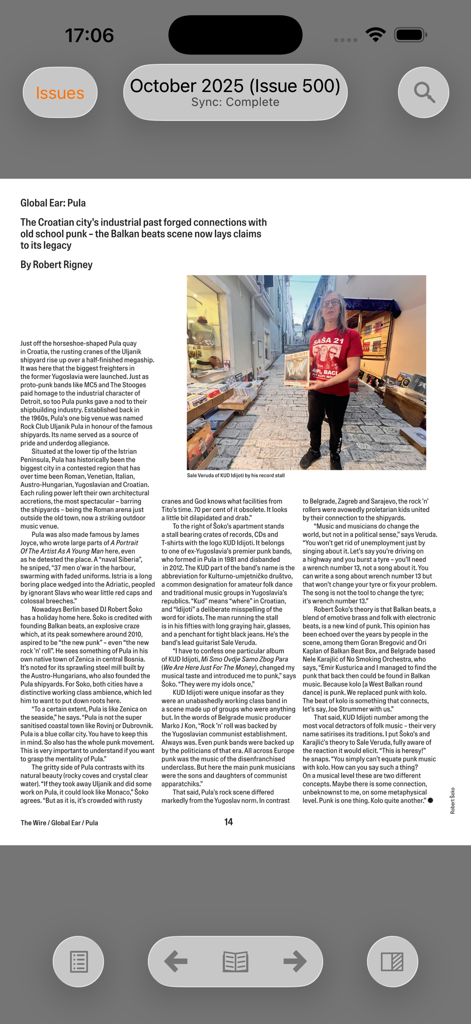 The Wire - Die The Wire Magazin-App zeigt einen langen Artikel über Musikjournalismus.