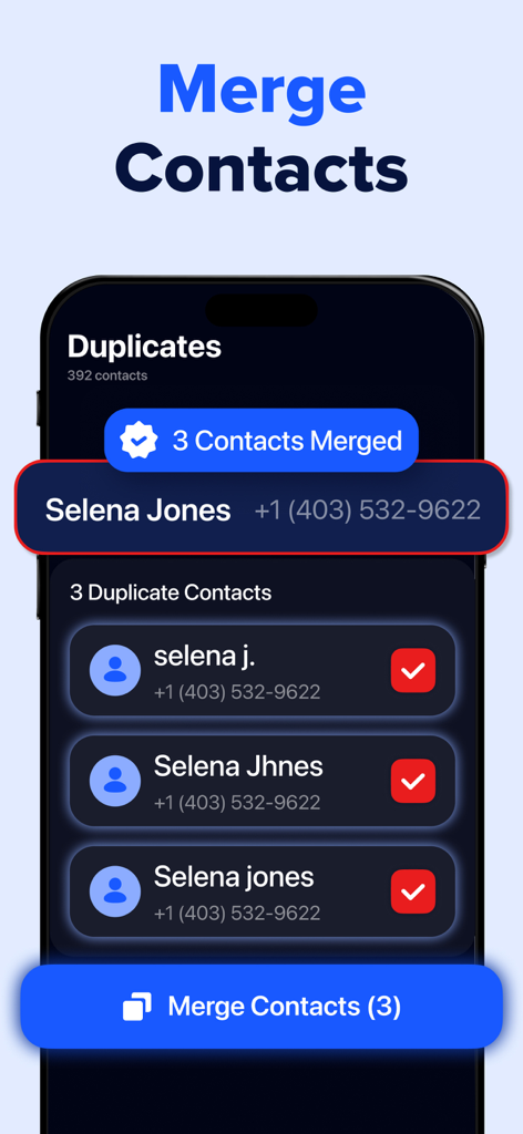 Cleaner AI app screen demonstrating how to find and merge duplicate contacts to organize your address book