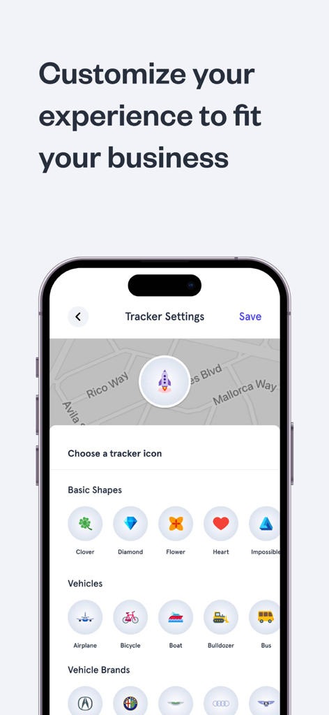 Hapn GPS - Hapn GPS app interface showing options to customize tracker icons for business vehicles and assets