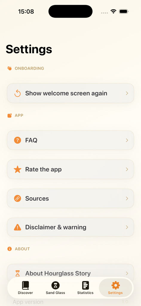 Hourglass Story - Settings menu of the Hourglass Story educational app