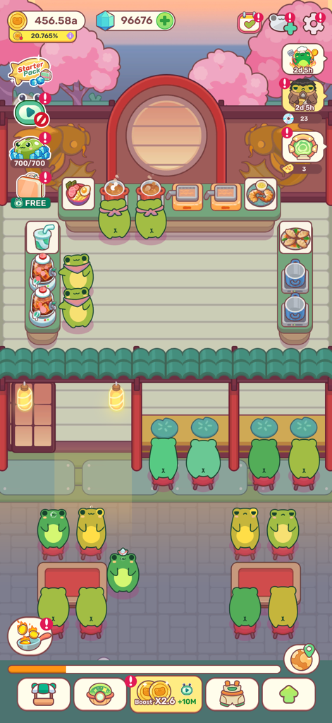 Frogs Kitchen - Kawaii frog chefs and customers in a cozy Japanese restaurant with cherry blossoms.