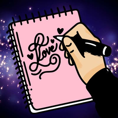 a hand writing “love” in calligraphy on a notebook