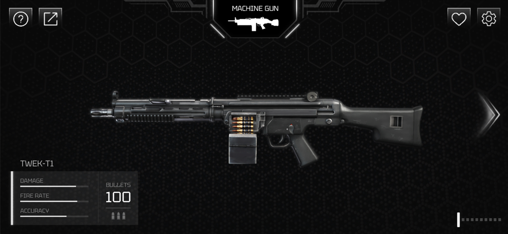 Digital simulation of a TWEK-T1 machine gun in the Real Gun app showing fire rate and damage stats.