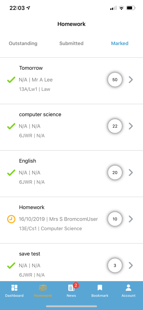 Bromcom Student App - List of marked school assignments with grades on the Bromcom Student App