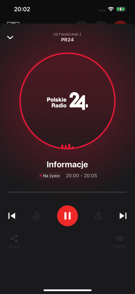 Interfaz del reproductor móvil para la transmisión de noticias en vivo de Polskie Radio 24