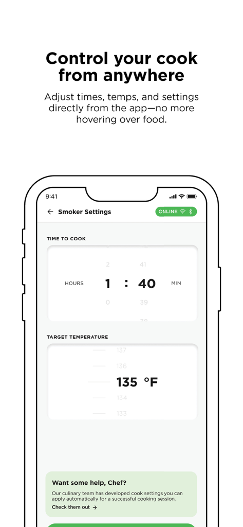 Ninja Pro Connect - Interfaccia dell'app Ninja Pro Connect che mostra le impostazioni di tempo e temperatura per l'affumicatura