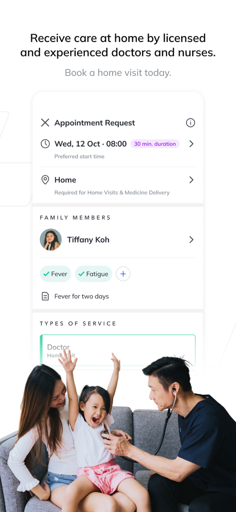 Speedoc: Virtual Hospital - Pantalla de la aplicación Speedoc que muestra la reserva de una visita médica a domicilio y un médico examinando a un niño en casa