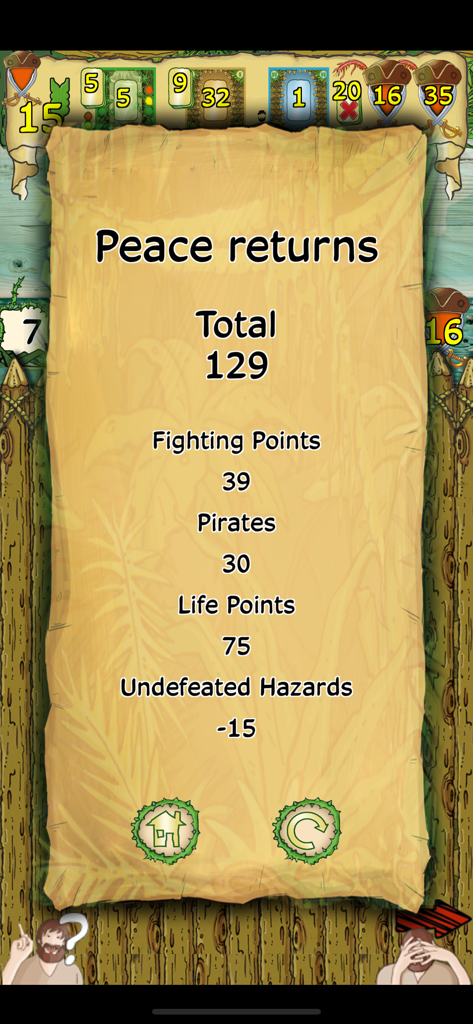 Friday - by Friedemann Friese - Endspiel-Punktebildschirm für Friday von Friedemann Friese, der eine Gesamtpunktzahl von 129 und die Punkteaufschlüsselung zeigt