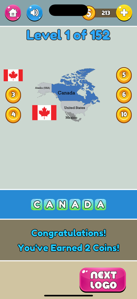 A geography quiz gameplay screen showing the country Canada highlighted on a map of North America.