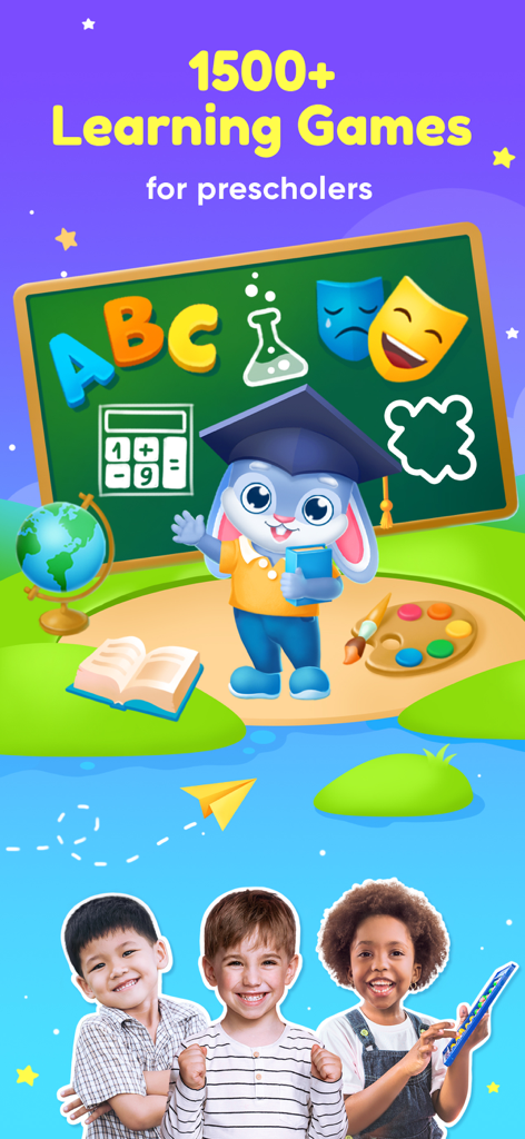 Pre-k Preschool Learning Games - A promo screen for Binky Preschool Academy showing a rabbit character teacher with diverse children and educational icons for preschool learning games.