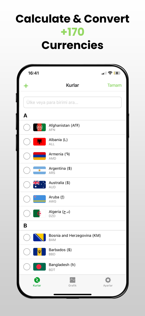 Currency 360 - Lista de monedas globales y banderas en la aplicación móvil Currency 360