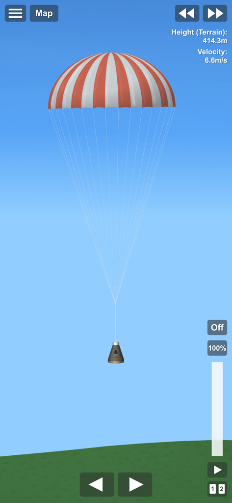 Space capsule descending with a red and white striped parachute in Spaceflight Simulator