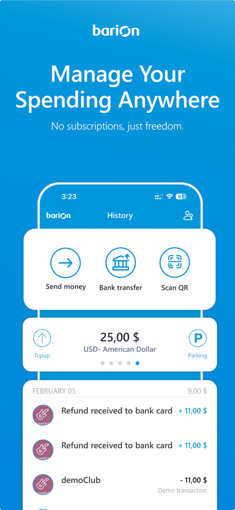 Barion - Barion fintech app interface showing spending management tools and transaction history