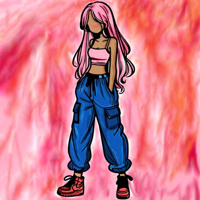 girl in baggy pants crop top and long hair