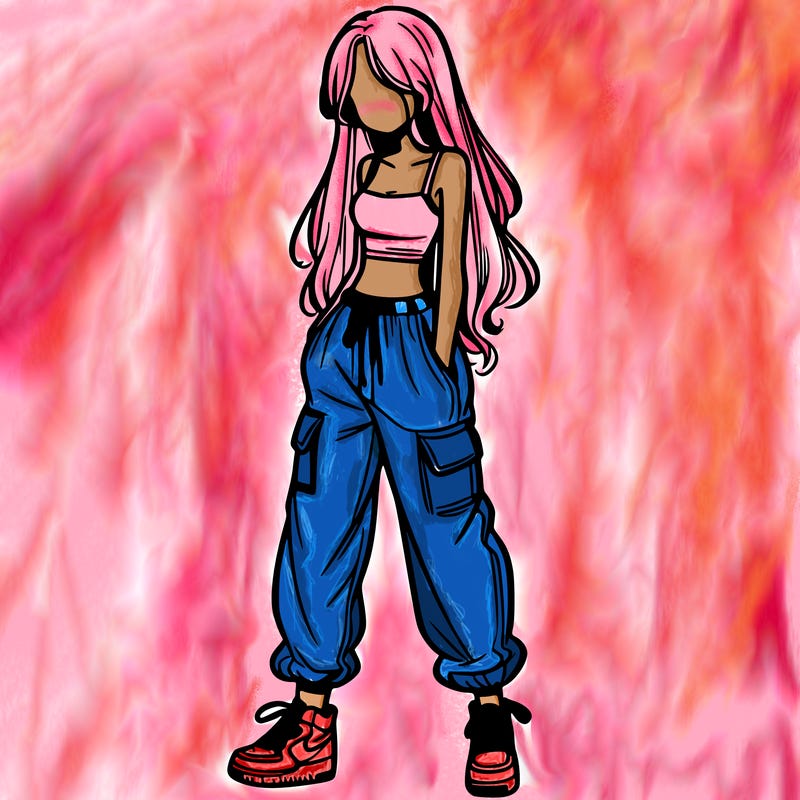 girl in baggy pants crop top and long hair