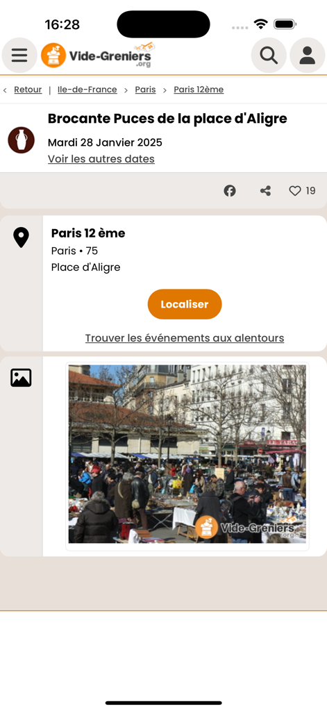 Vide-greniers.org - Capture d'écran de l'application Vide-greniers montrant un événement de brocante à Paris avec lieu et date