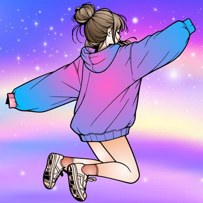 realistic girl jumping with a bun and oversized sweatshirt