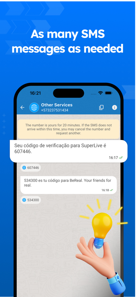 Receber SMS - Temp numbers OTP - App interface displaying multiple incoming SMS verification codes for social media services on a virtual number.
