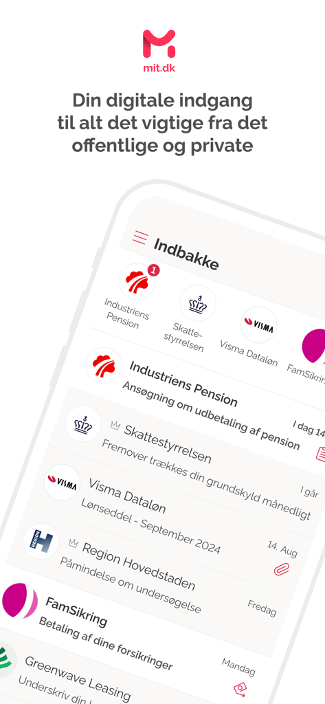 mit.dk - Interfaccia dell'app mit.dk che mostra l'inbox della casella postale digitale con notifiche da varie organizzazioni.