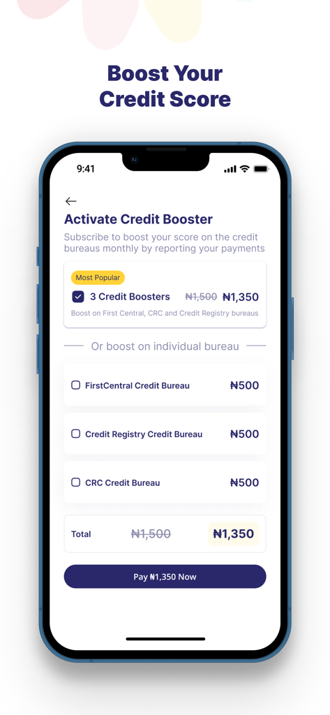 Pebblescore - PebbleScore app interface displaying credit booster activation options for multiple credit bureaus