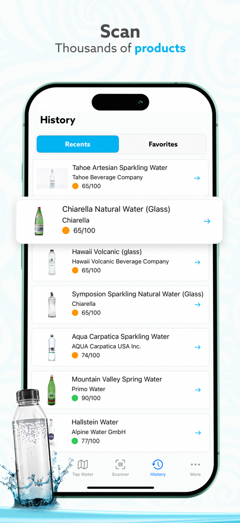 H20Score - Water Rankings - H2OScore app history screen showing quality scores for various bottled water brands