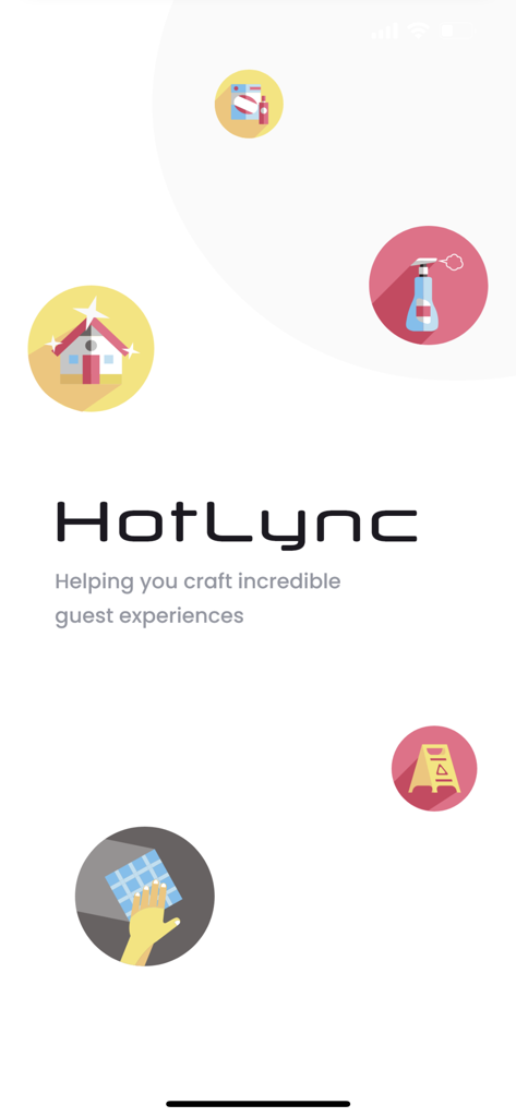 HotLync NEOS hospitality management app welcome screen with cleaning and maintenance icons