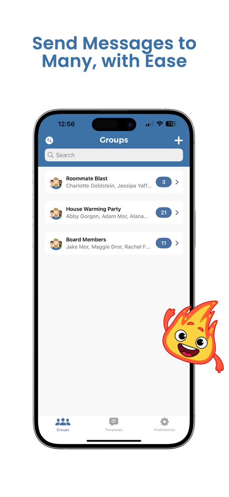Tela do iPhone exibindo a interface de Grupos do aplicativo Group Text com grupos de contatos organizados como Alerta de Colegas de Quarto e Festa de Inauguração.