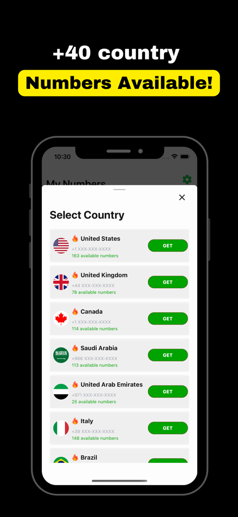 Mobile app screen showing a selection of virtual phone numbers from countries including the United States and United Kingdom