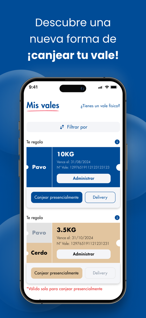 Interface of the San Fernando app showing digital vouchers for turkey and pork with options for in-person redemption and delivery