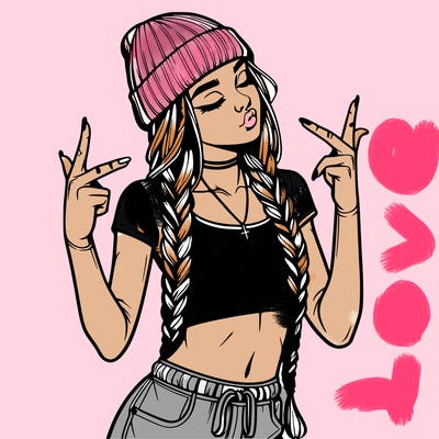 realistic teenage girl with braids and a beanie and crop top doing 🫶🏼