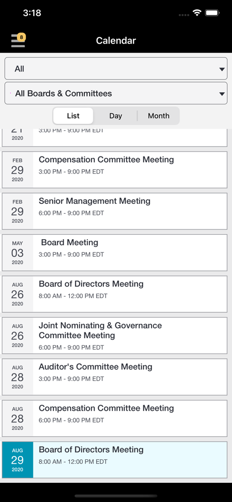 Calendar view in the Nasdaq Directors Desk app showing a list of upcoming board meetings