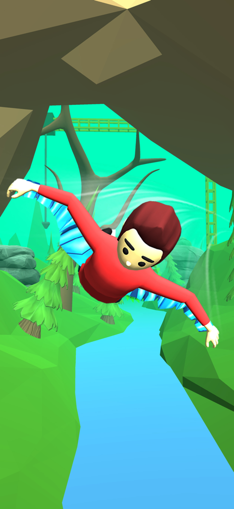 Wingsuit Ride: Skydiving Game - Un personaje con un traje de wingsuit rojo volando por un cañón boscoso sobre un río