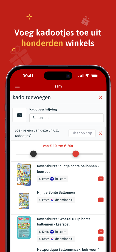Lijstje.nl - Interface do aplicativo Lijstje mostrando como pesquisar presentes e adicioná-los a uma lista de desejos de várias lojas.