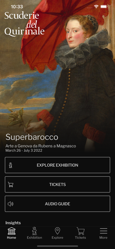 Scuderie del Quirinale - Startbildschirm der Scuderie del Quirinale Mobile App, der die Superbarocco-Ausstellung mit Optionen für Tickets und Audioguides anzeigt