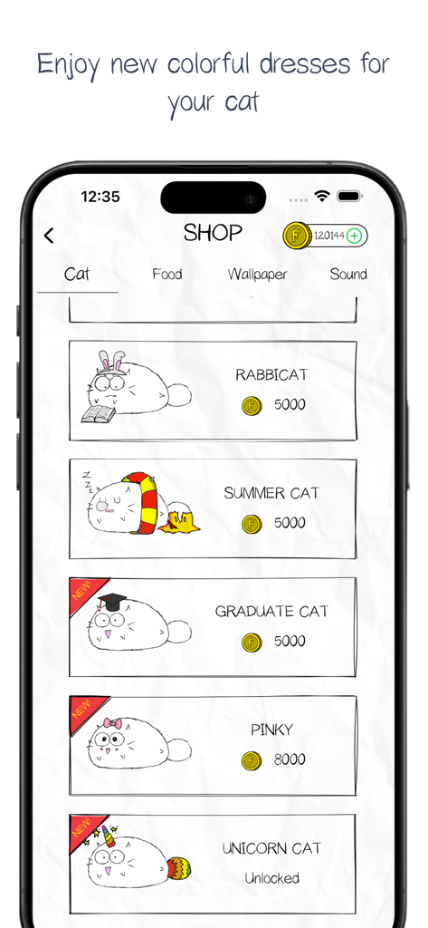 Fatty Cat! - Study Companion - Pantalla de la tienda dentro de la aplicación que muestra skins y disfraces de gatos coloridos en Fatty Cat Study Companion.