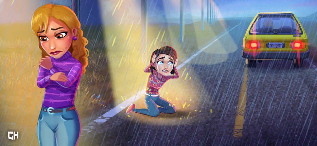 Heart's Medicine Hospital Heat - Una escena emotiva que muestra a una mujer y un niño llorando en un camino lluvioso mientras un coche se aleja