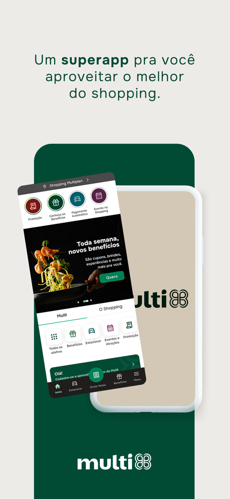 Multi: Promoções dos Shoppings - Smartphone mit der Multi Shopping Super-App-Oberfläche mit Mall-Angeboten und -Diensten