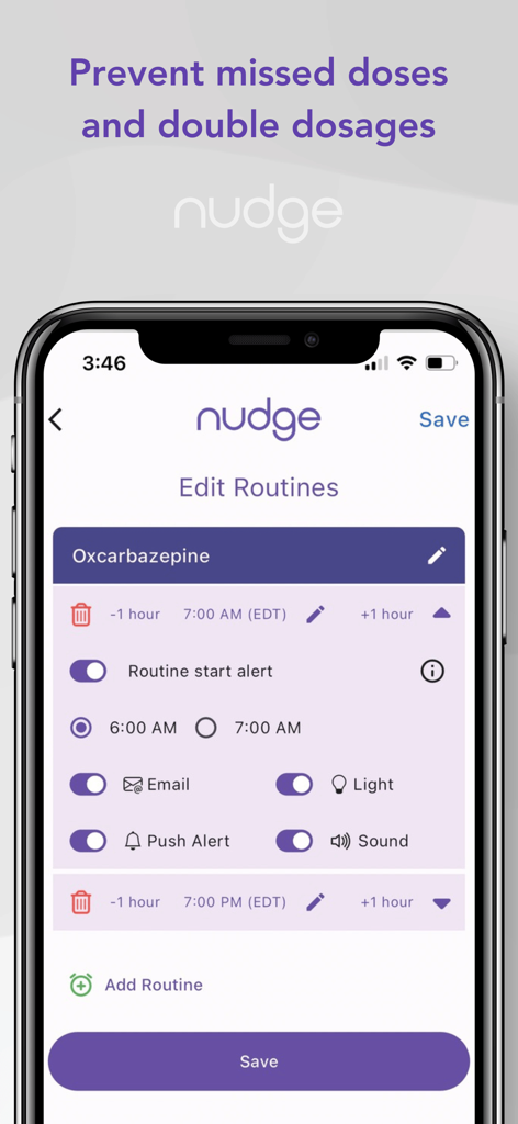 Interface of the Nudge app showing how to edit medication routines and alert settings for missed doses.