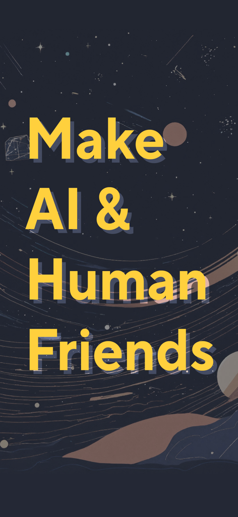 Promotional screen for Kajiwoto with the text Make AI and Human Friends on a space background