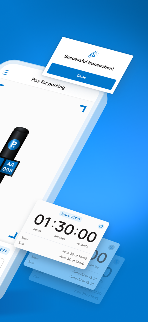 Mobicité - Mobicité mobile app interface showing a successful parking payment notification and an active session countdown timer.