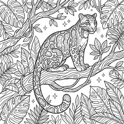 Dive into the exotic world of the clouded leopard with this stunning adult coloring page. Featuring an intricately detailed feline amidst a lush jungle, it offers a challenging yet relaxing artistic escape.