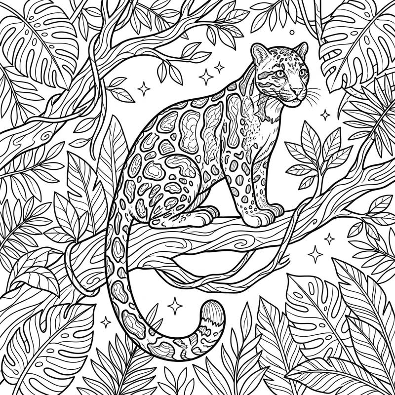 Dive into the exotic world of the clouded leopard with this stunning adult coloring page. Featuring an intricately detailed feline amidst a lush jungle, it offers a challenging yet relaxing artistic escape.