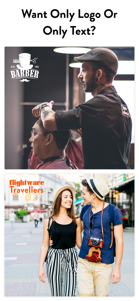 Dos fotos que demuestran una marca de agua con logo blanco en una foto de barbería y una marca de agua con texto naranja en una foto de viaje.