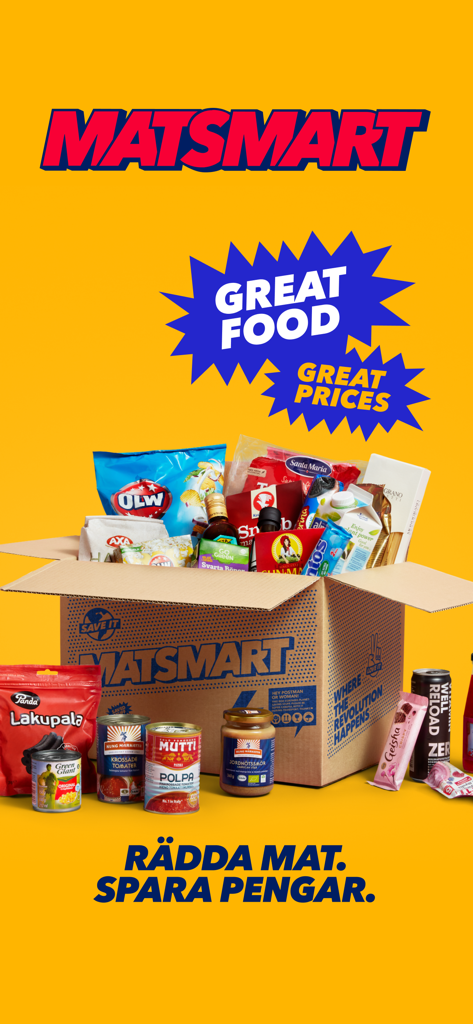 Matsmart - Uma caixa de cartão da Matsmart cheia de mercearia com desconto contra um fundo amarelo brilhante.