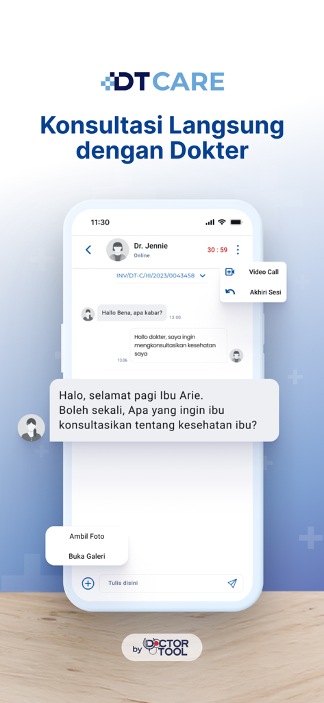 DT Care - DoctorTool Mobile - A smartphone showing the DT Care app's direct chat interface for a consultation with a doctor.